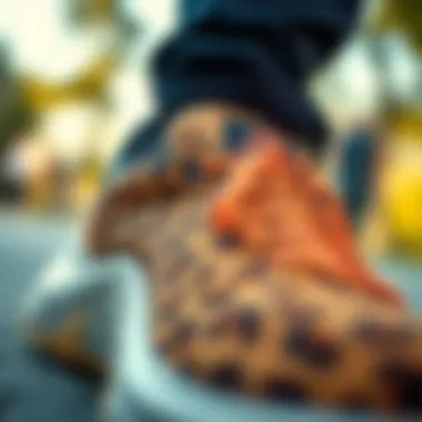 Close-up of the unique design features of Skechers leopard sneakers