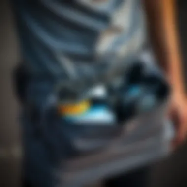 Close-up of various compartments of a sports waist bag designed for athletes