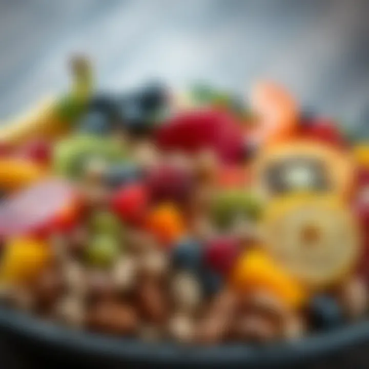 An assortment of colorful fruits and nuts, representing healthy snacks