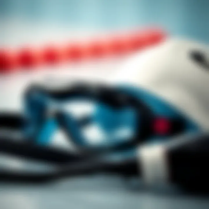 A close-up of swimming gear including goggles and a cap.