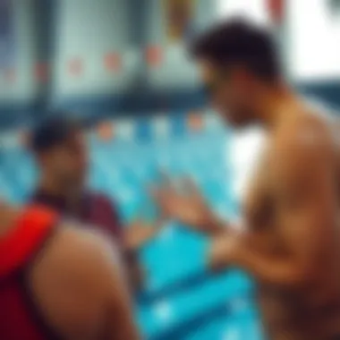 A coach providing feedback to a swimmer during practice.