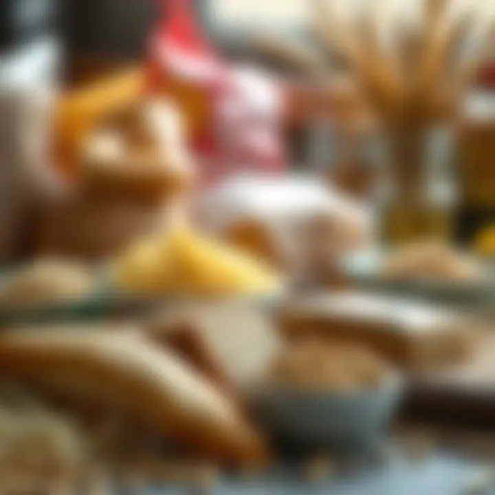 A variety of whole grain products including bread, pasta, and cereals.