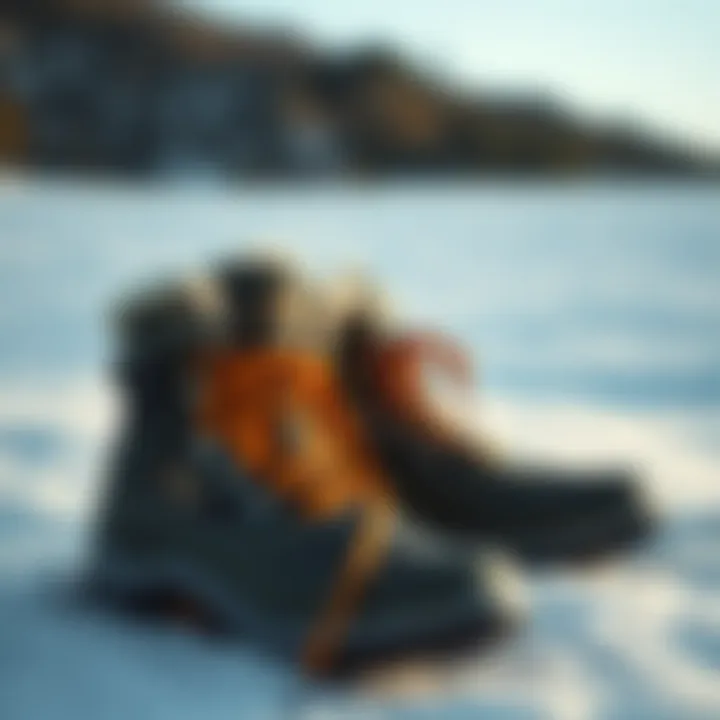 The North Face Winter Boots in Snow A stylish pair of The North Face winter boots in a snowy landscape