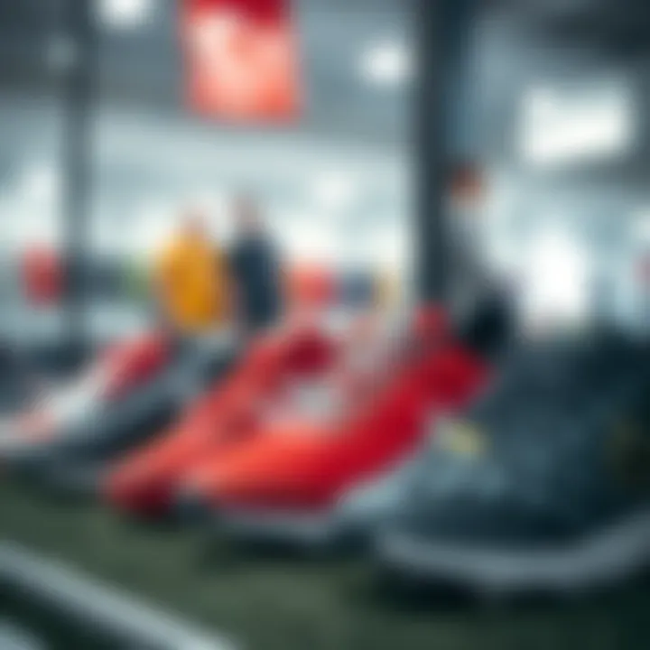 A comparison of different brands of turf shoes in a display.