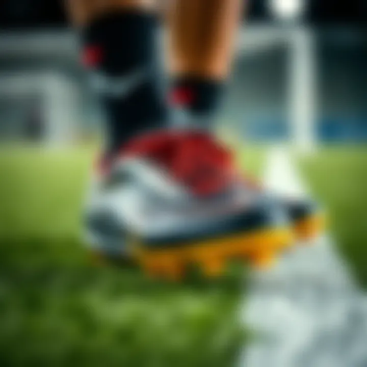 A close-up view of turf soccer shoes with cleats designed for optimal traction.