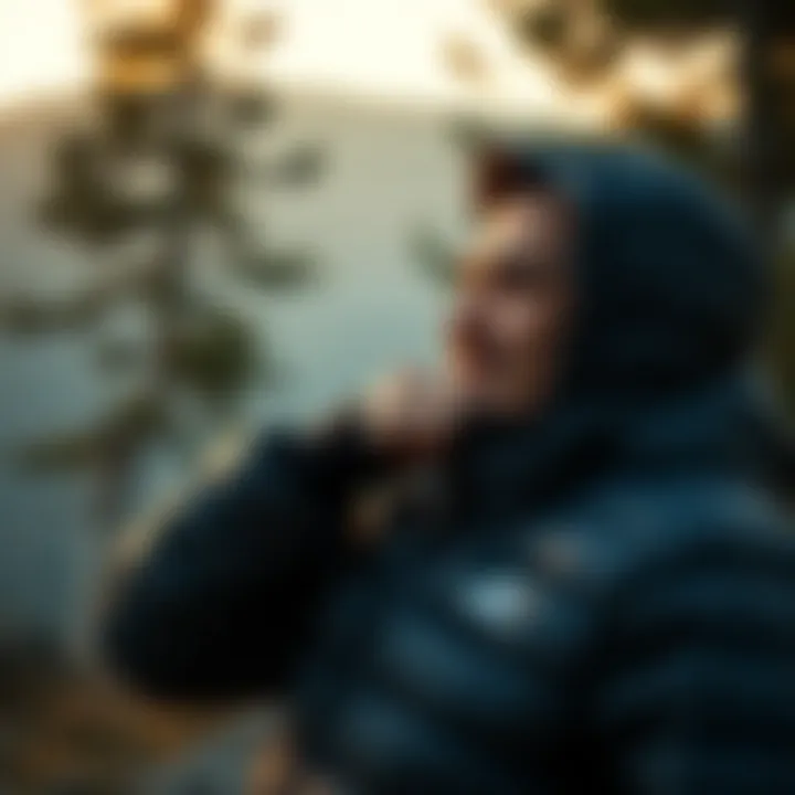 User enjoying the warmth of an Adidas down jacket outdoors